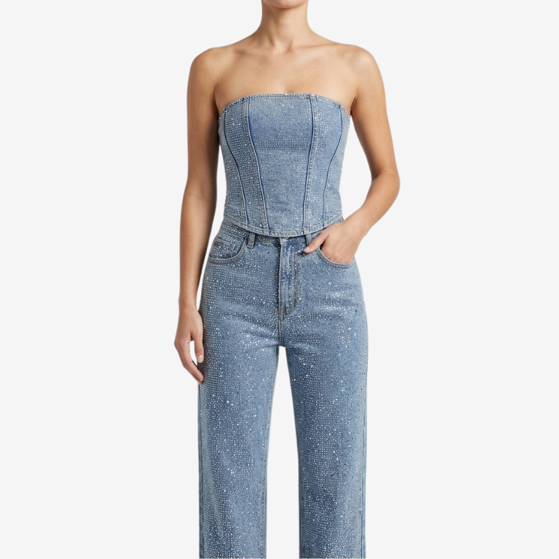 NOMU | Women's Rhinestone Denim Corset & Wide-Leg Jeans Set – Glam Strapless Co-Ord Outfit