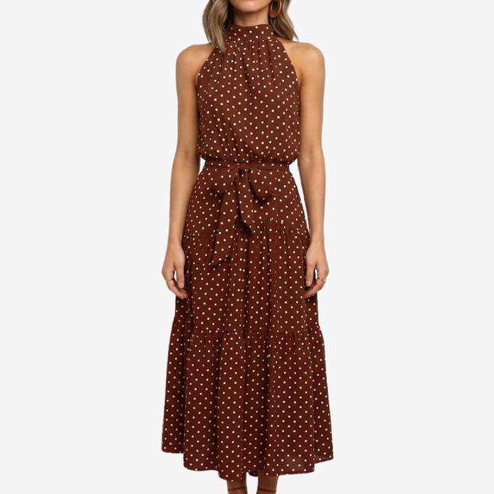NOMU | Women's Polka Dot Halter Midi Dress – Elegant Sleeveless Tie Waist Dress