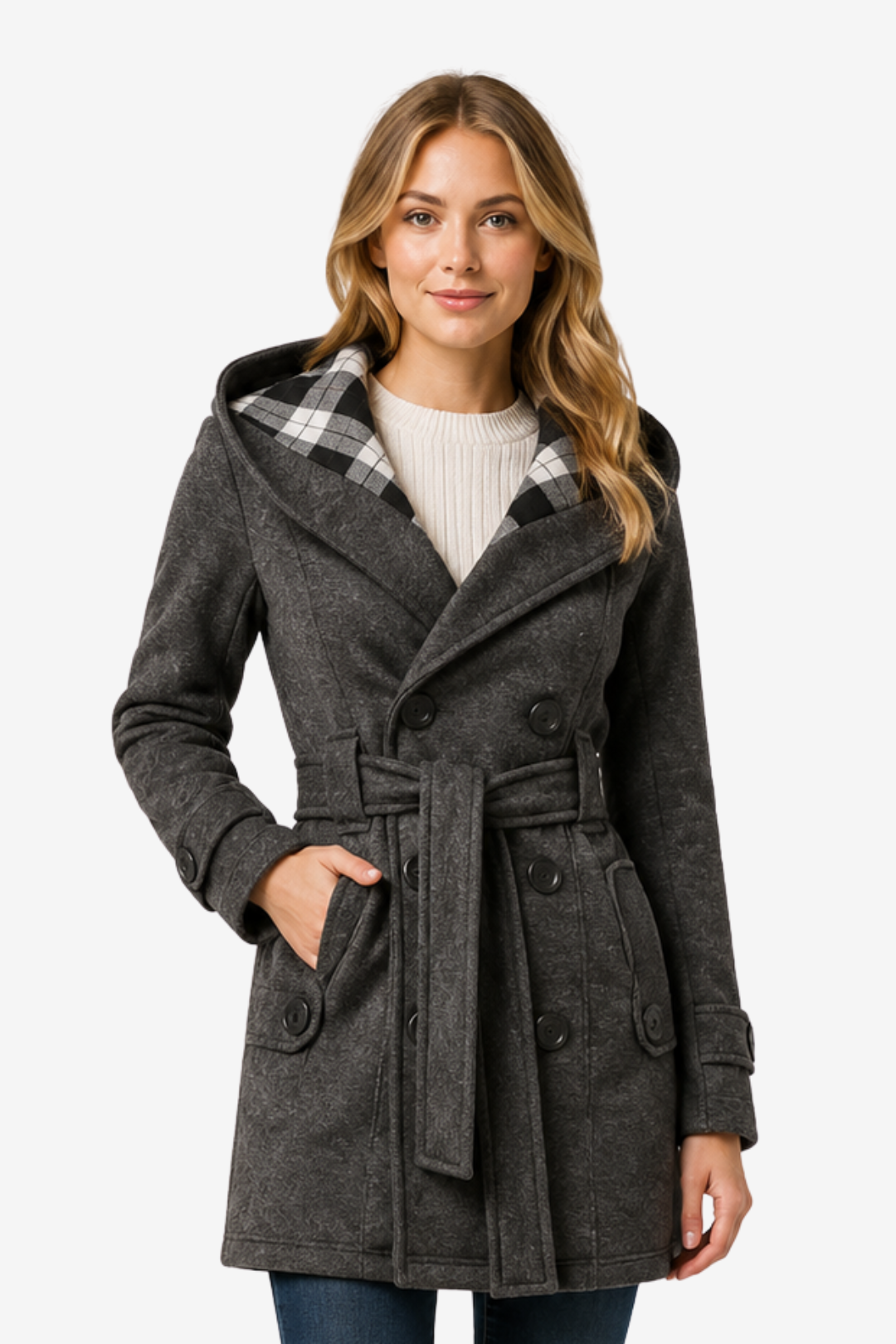 NOMU | Women's Hooded Trench Coat – Double Breasted Belted Design
