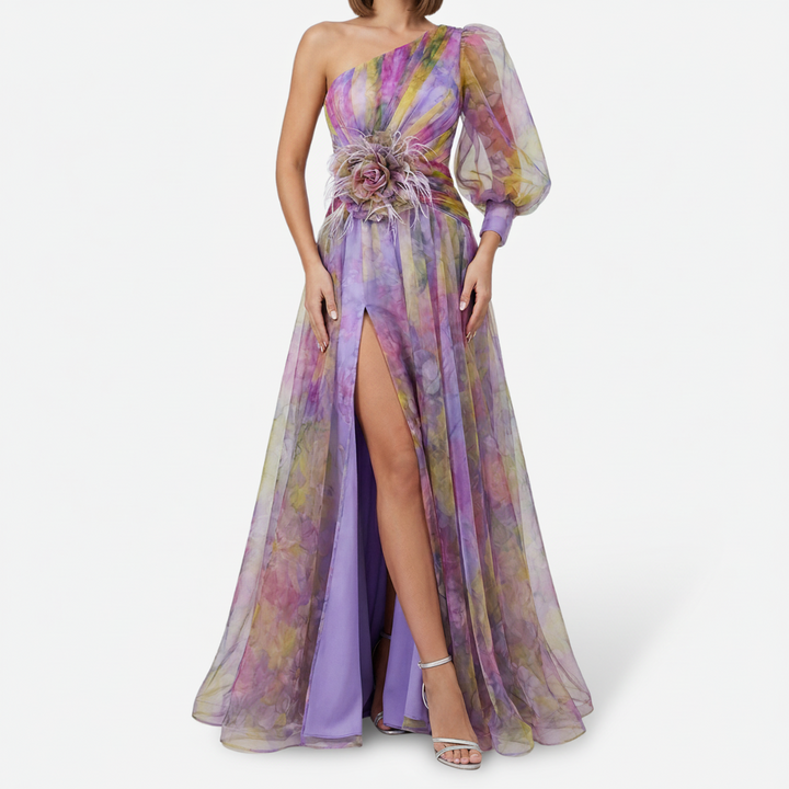 NOMU | Women's Floral One-Shoulder Evening Gown – Elegant High Slit Maxi Dress