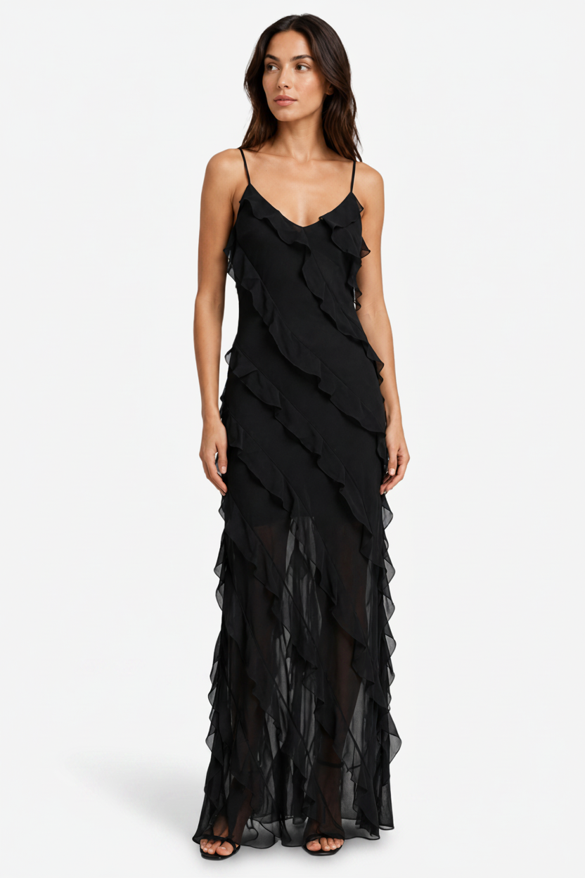 NOMU | Women's Sheer Ruffle Maxi Dress – Elegant Spaghetti Strap Evening Party Dress