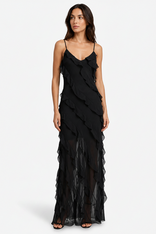 NOMU | Women's Sheer Ruffle Maxi Dress – Elegant Spaghetti Strap Evening Party Dress