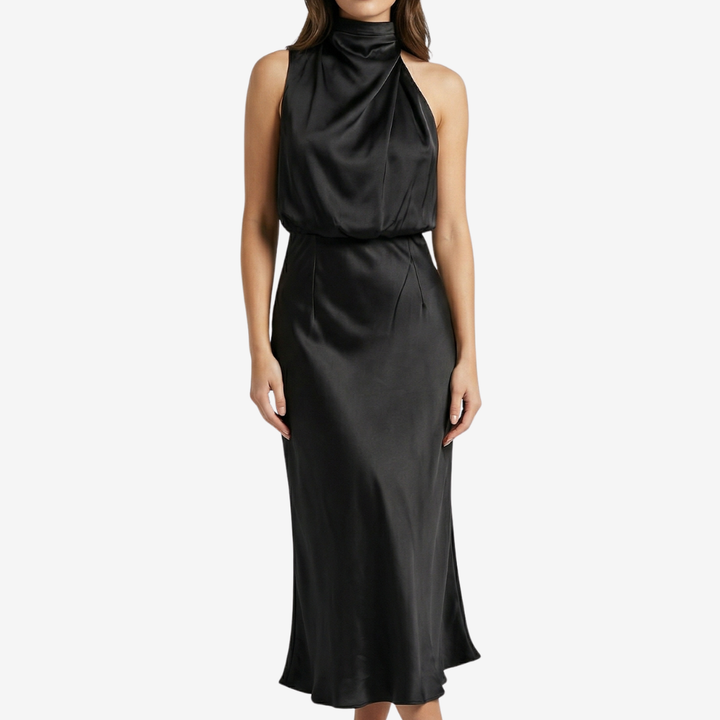 NOMU | Women's Satin High Neck Midi Dress – Elegant Sleeveless Evening Slip Dress
