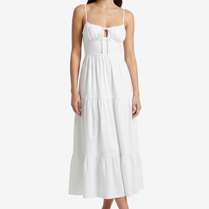 NOMU | Women's Tiered Midi Dress – Spaghetti Strap Tie Front Relaxed Fit Design