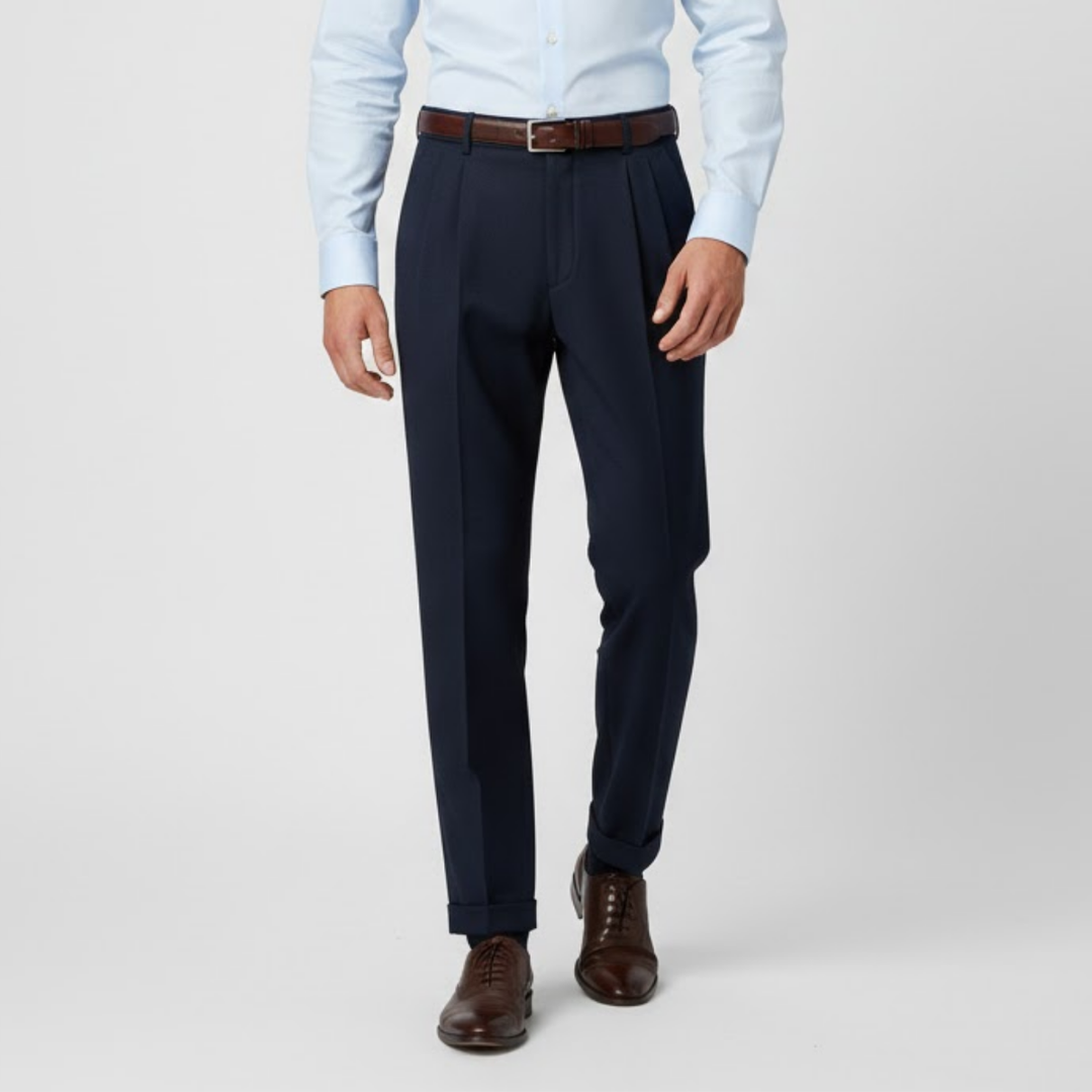 NOMU | Men's Navy Pleated Tapered Dress Trousers – Tailored Formal Pants