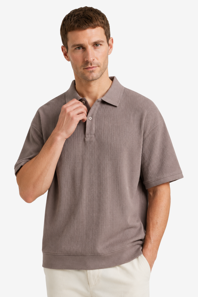 NOMU | Men's Ribbed Knit Polo Shirt – Casual Relaxed Fit Short Sleeve Top