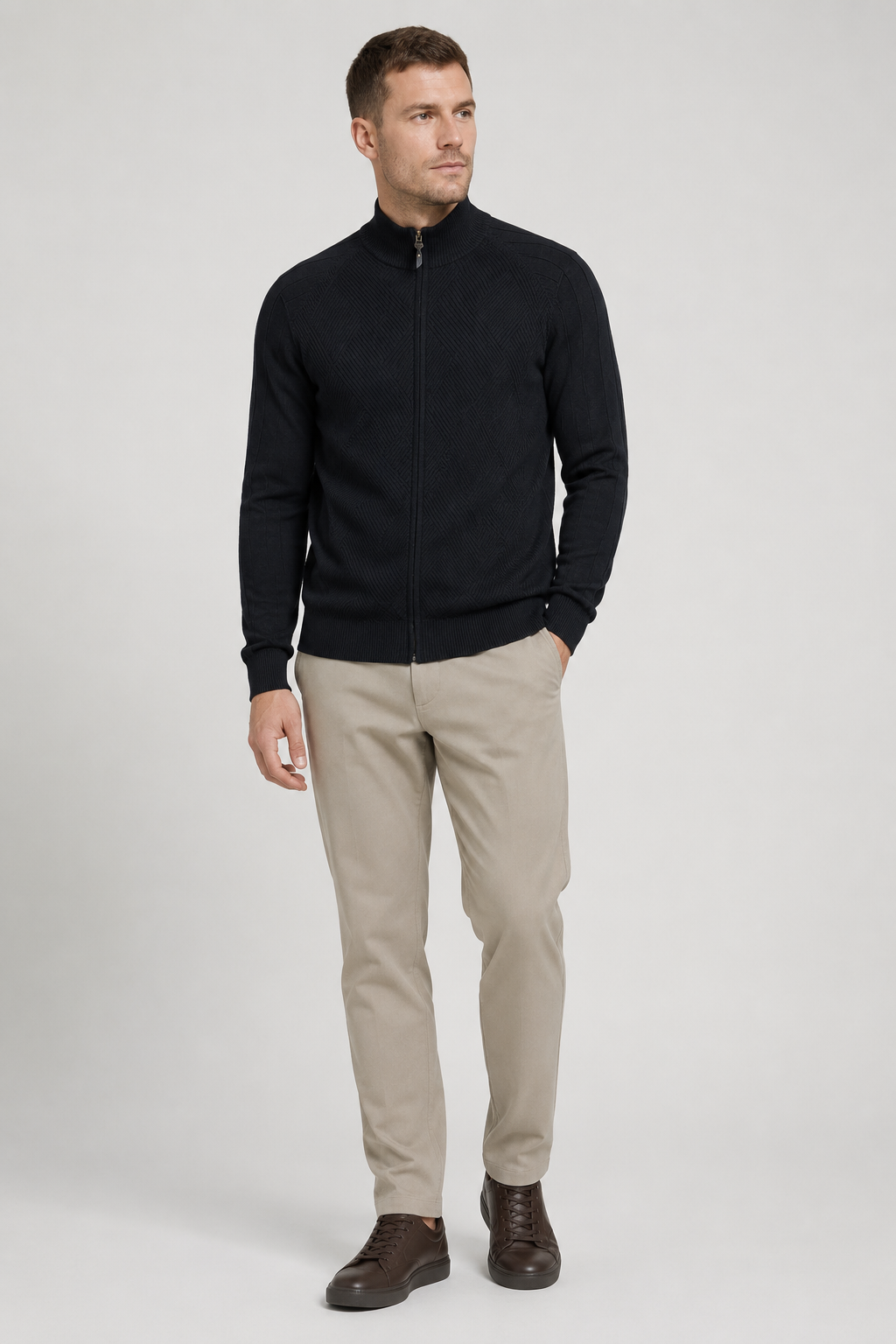 NOMU | Men's Zip-Up Knit Sweater Jacket – Textured Stand Collar Cardigan