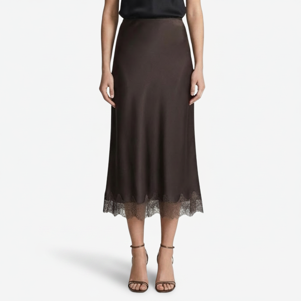 NOMU | Women's Satin Midi Skirt – Elegant Lace Trim Slip Skirt