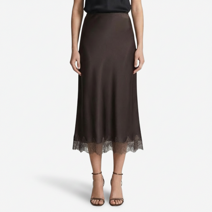 NOMU | Women's Satin Midi Skirt – Elegant Lace Trim Slip Skirt