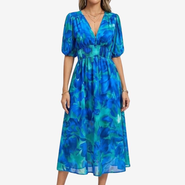 NOMU | Women's Floral V-Neck Midi Dress – Elegant Puff Sleeve Flowing Dress