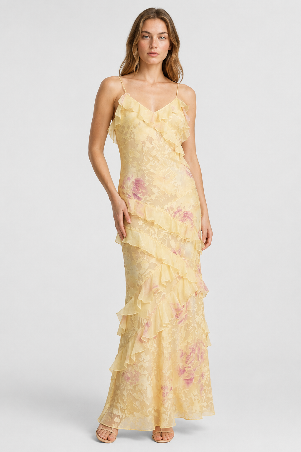 NOMU | Women's Floral Ruffle Maxi Dress – Elegant Sleeveless Layered Party Dress