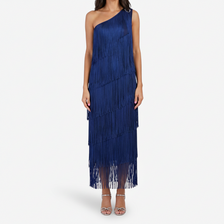 NOMU | Women's Fringe Maxi Dress – One Shoulder Layered Tassel Design