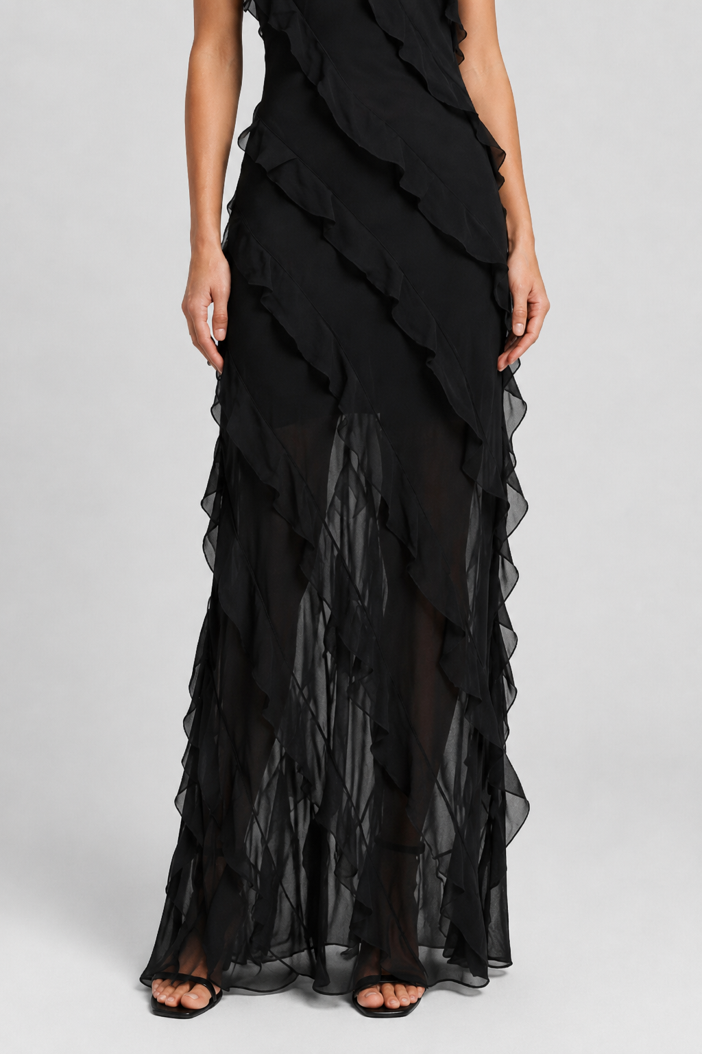 NOMU | Women's Sheer Ruffle Maxi Dress – Elegant Spaghetti Strap Evening Party Dress