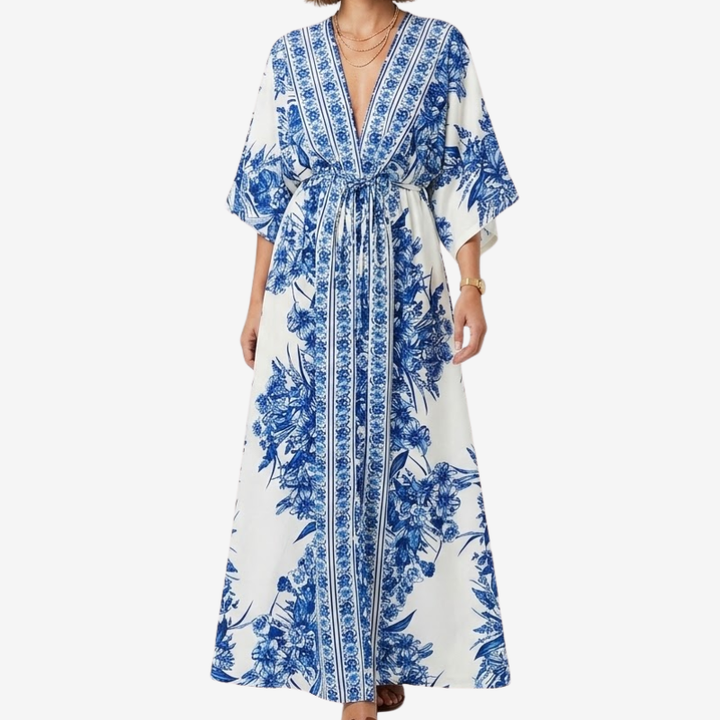 NOMU | Women's Printed Maxi Dress – V Neck Kimono Sleeve Tie Waist Relaxed Design