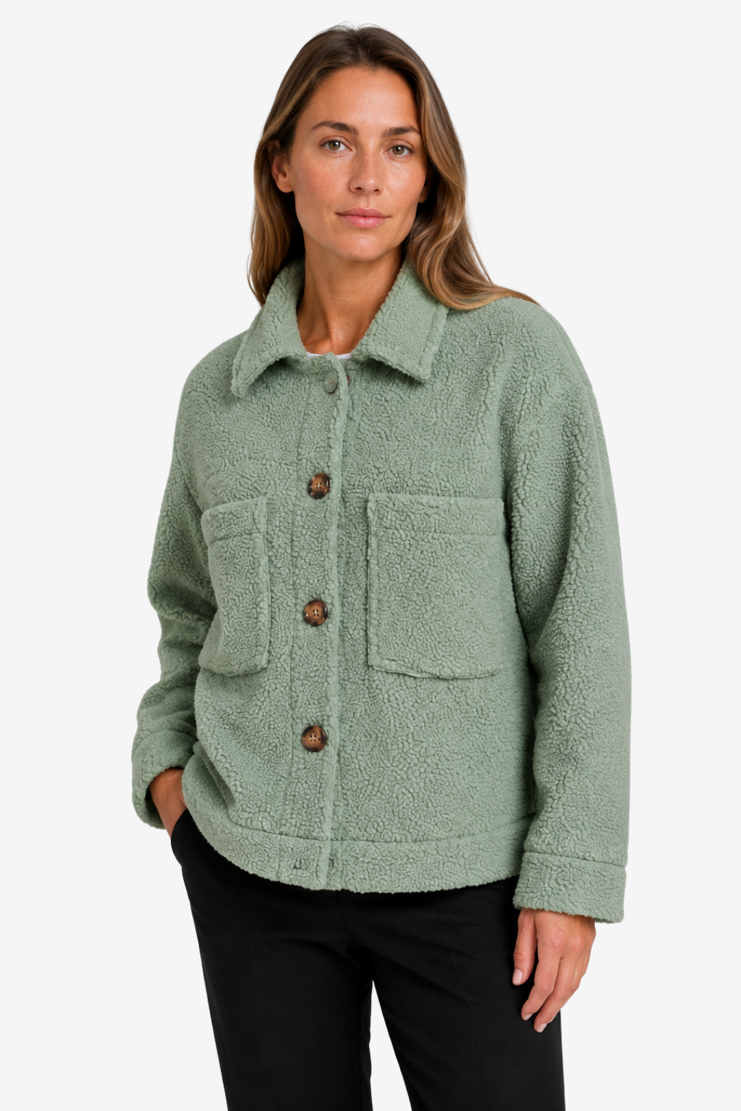 NOMU | Women's Straight Cut Mid Season Coat – Textured Fleece with Button Front and Patch Pockets