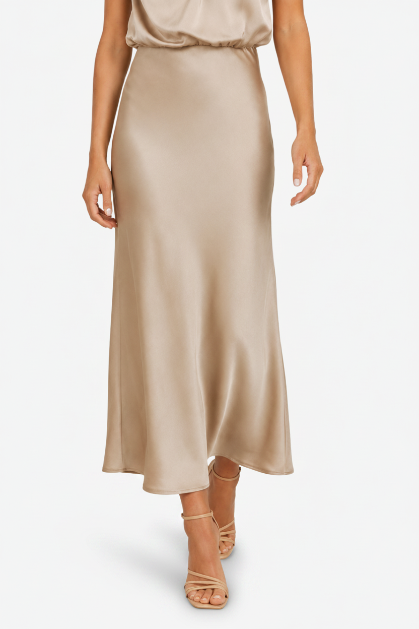 NOMU | Women's Satin Maxi Dress – Sleeveless High Neck Draped Design
