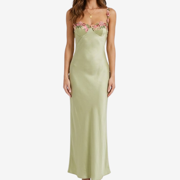 NOMU | Women's Satin Maxi Dress – Sleeveless Floral Strap Fitted Slip Design