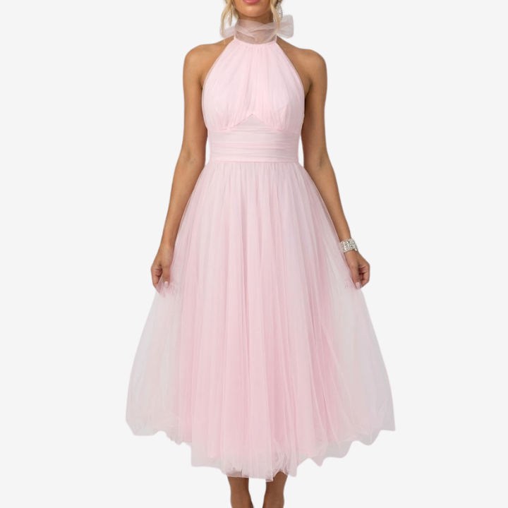NOMU | Women's Halter Neck Tulle Midi Dress – Elegant Sleeveless Princess Party Dress