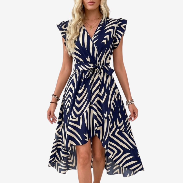 NOMU | Women's Printed High-Low Wrap Dress – Elegant Ruffle Sleeve Midi Dress