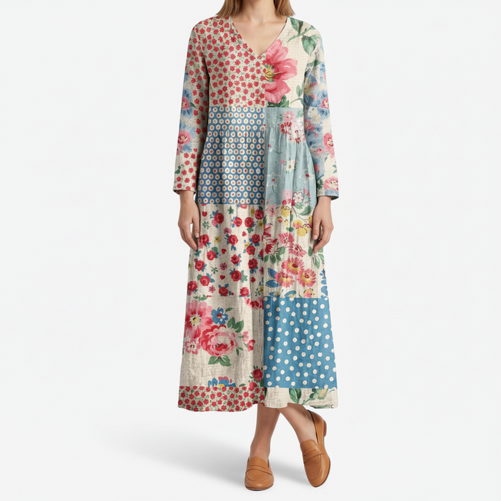 NOMU | Women's Patchwork Midi Dress – Long Sleeve V Neck Relaxed Fit Design