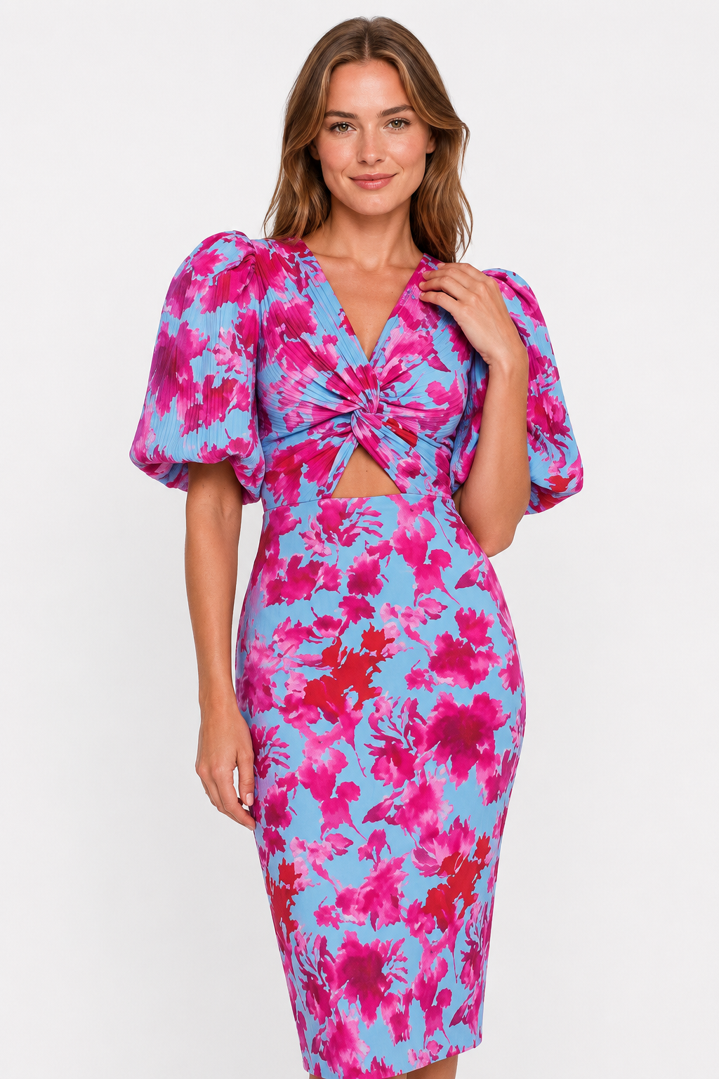 NOMU | Women's Abstract Print Ruched Midi Dress – Elegant Puff Sleeve Bodycon Dress