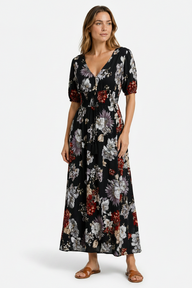 NOMU | Women's Floral Maxi Dress – V Neck Short Sleeve Relaxed Fit Design