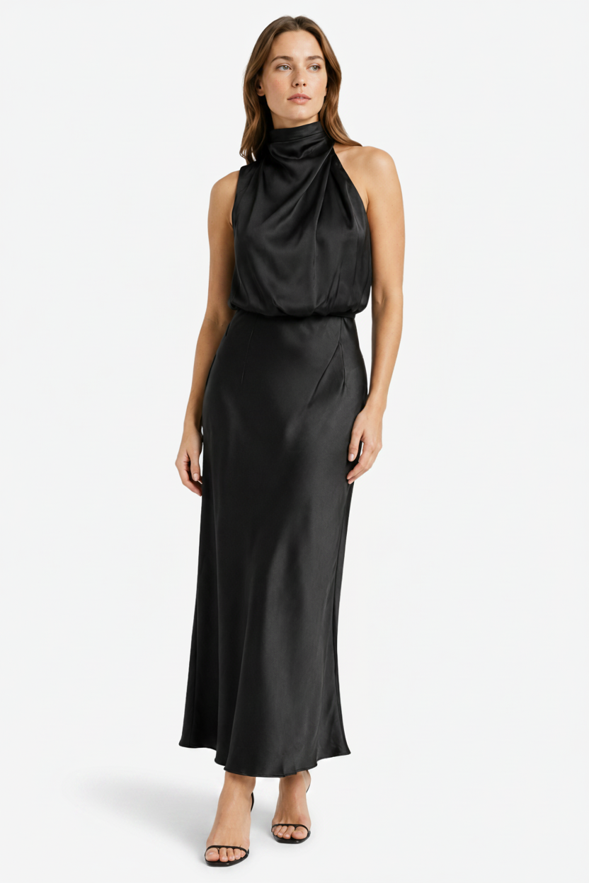 NOMU | Women's Satin High Neck Midi Dress – Elegant Sleeveless Evening Slip Dress