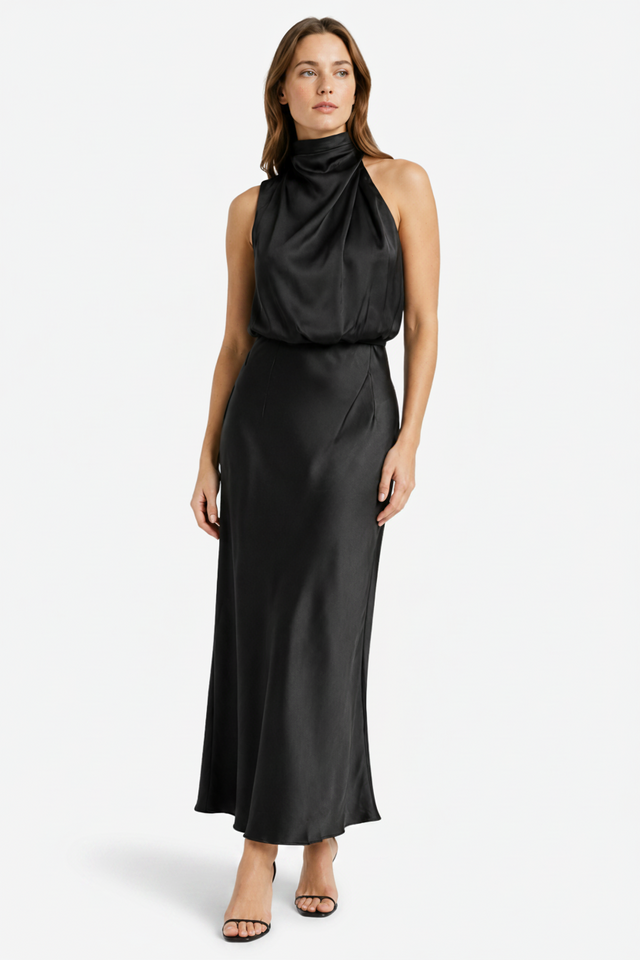 NOMU | Women's Satin High Neck Midi Dress – Elegant Sleeveless Evening Slip Dress