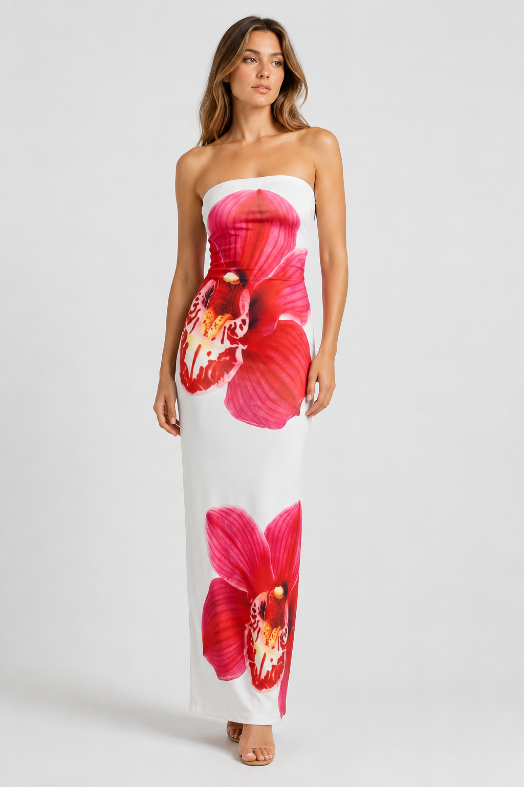 NOMU | Women's Strapless Maxi Dress – Floral Print Bodycon Fitted Design