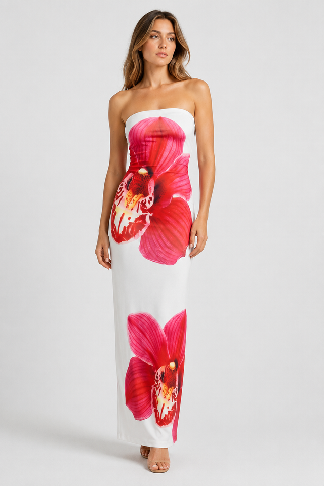 NOMU | Women's Strapless Maxi Dress – Floral Print Bodycon Fitted Design