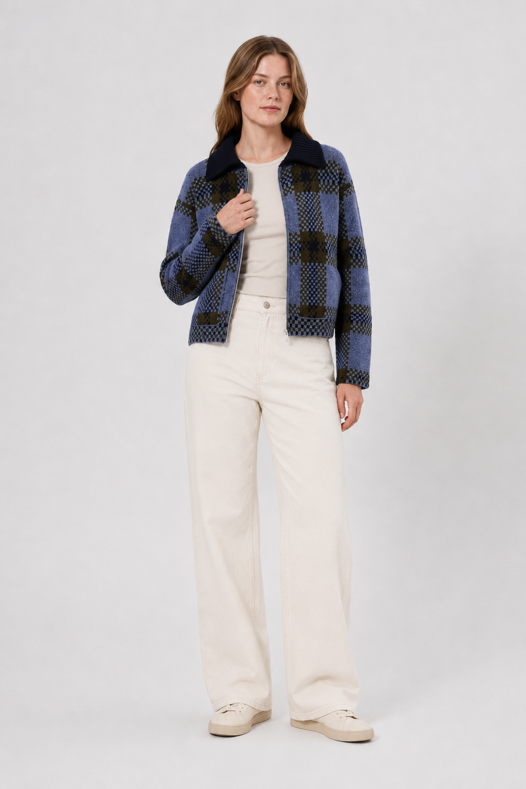 NOMU | Women's Plaid Knit Zip-Up Jacket – Soft Checkered Cardigan Coat
