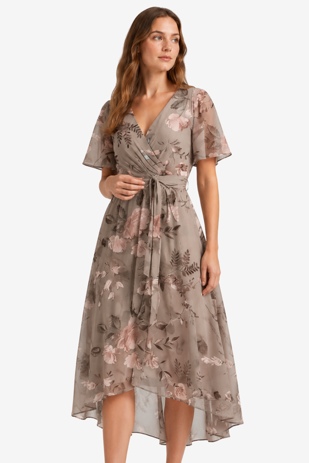 NOMU | Women's Floral Midi Dress – V Neck Flutter Sleeve Tie Waist Wrap Design