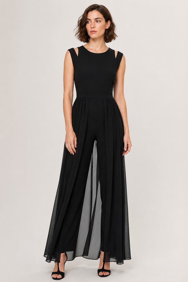 NOMU | Women's Sleeveless Wide Leg Jumpsuit – Elegant Sheer Overlay Evening Jumpsuit