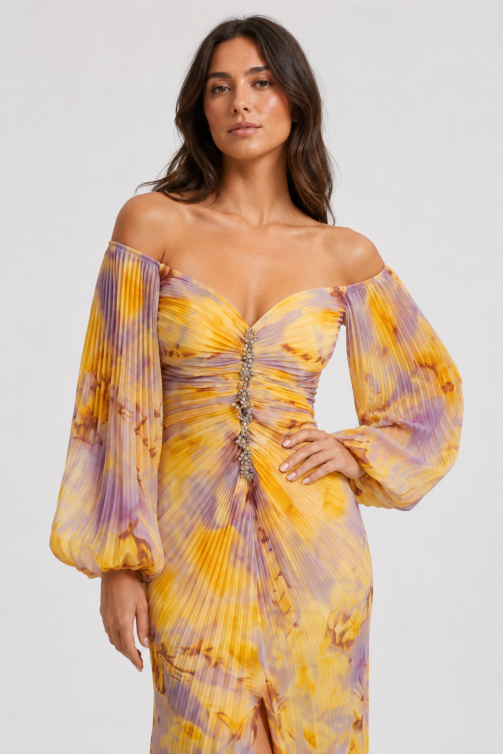 NOMU | Women's Off Shoulder Maxi Dress – Ruched Long Sleeve Split Hem Design