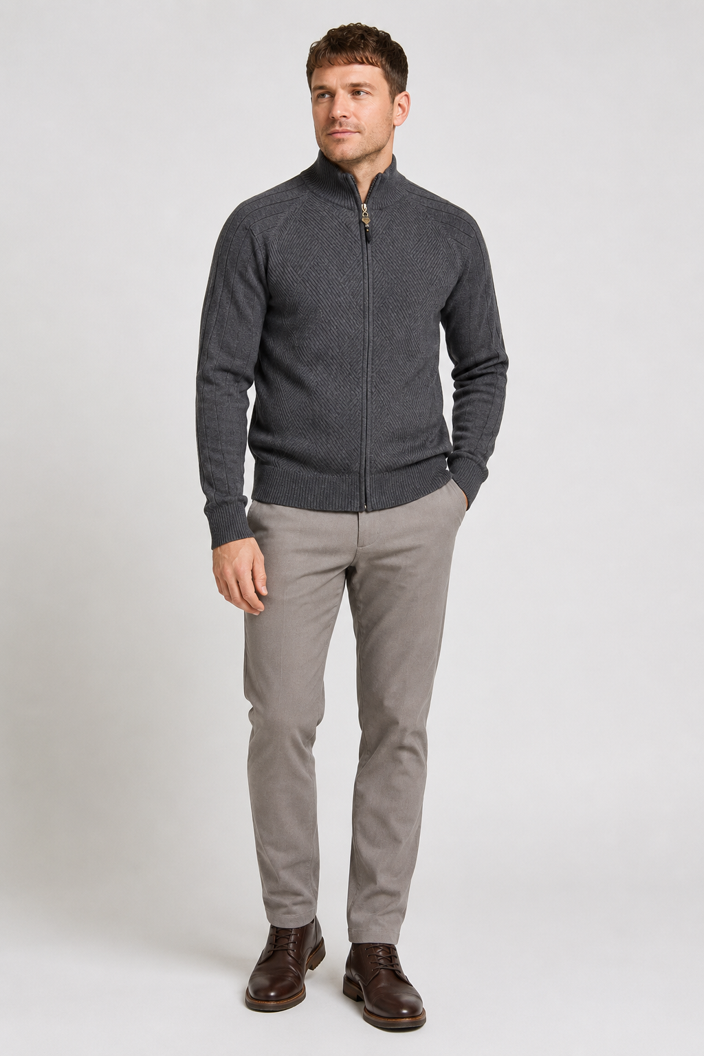 NOMU | Men's Zip-Up Knit Sweater Jacket – Textured Stand Collar Cardigan