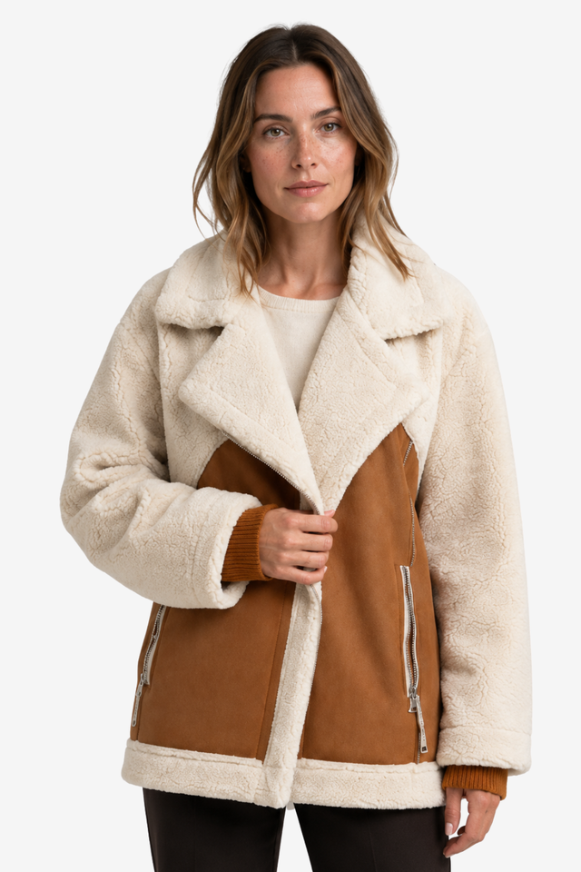 NOMU | Women's Shearling Jacket – Oversized Lapel Contrast Panel Zip Up Design