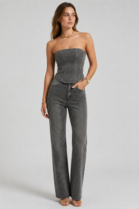 NOMU | Women's Rhinestone Denim Corset & Wide-Leg Jeans Set – Glam Strapless Co-Ord Outfit