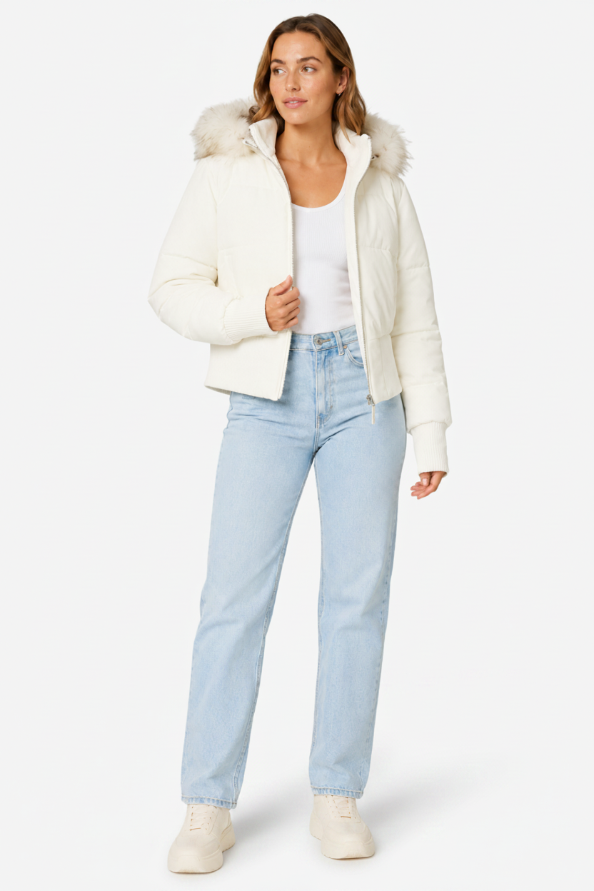 NOMU | Women's Puffer Jacket – Faux Fur Hood Ribbed Trim Zip Up Design