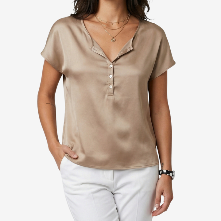 NOMU | Women’s V-Neck Button Detail Short Sleeve Blouse