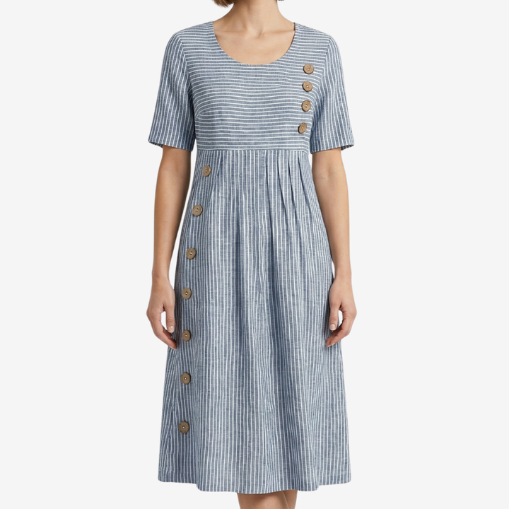 NOMU | Women's Striped Button Detail Midi Dress – Casual Short Sleeve Linen Look Dress