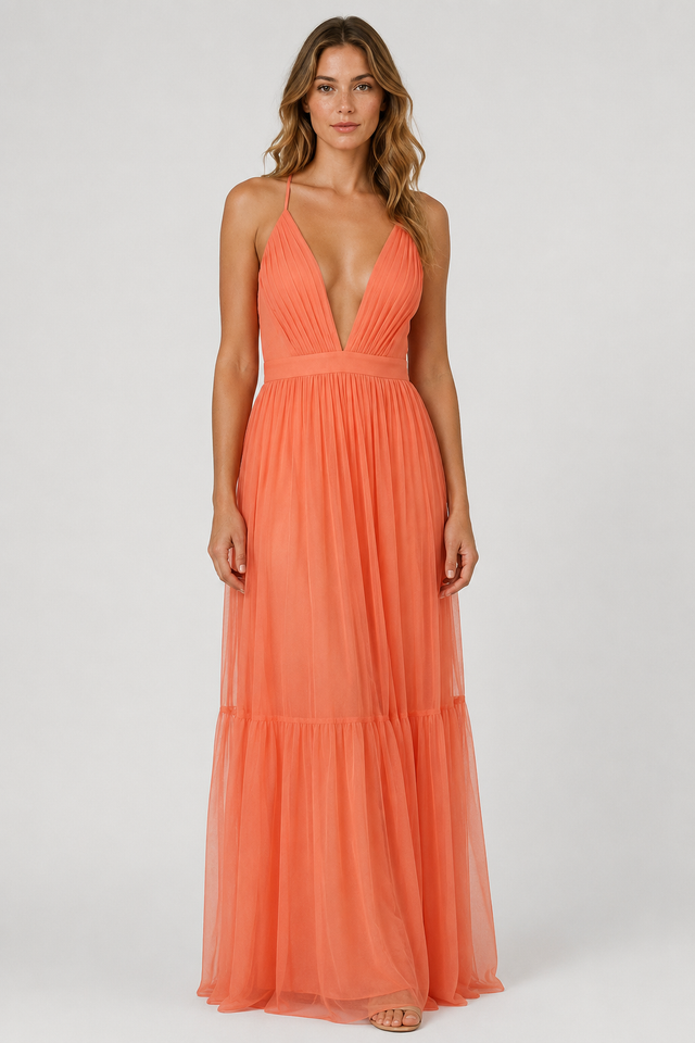 NOMU | Women's Pleated Deep V-Neck Maxi Dress – Elegant Sleeveless Evening Dress