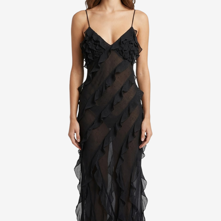 NOMU | Women's Sheer Ruffle Maxi Dress – Elegant Spaghetti Strap Evening Party Dress