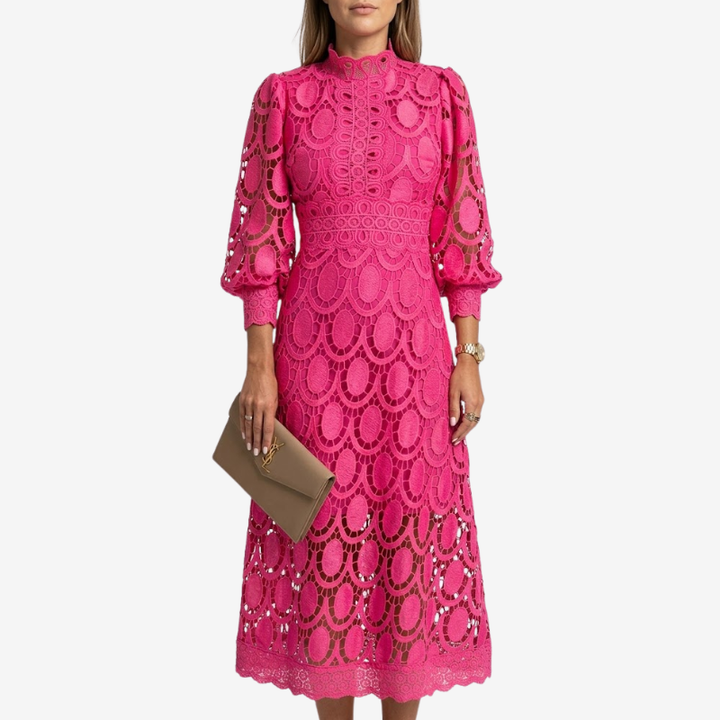 NOMU | Women's Floral Lace Midi Dress – Elegant High Neck Puff Sleeve Party Dress