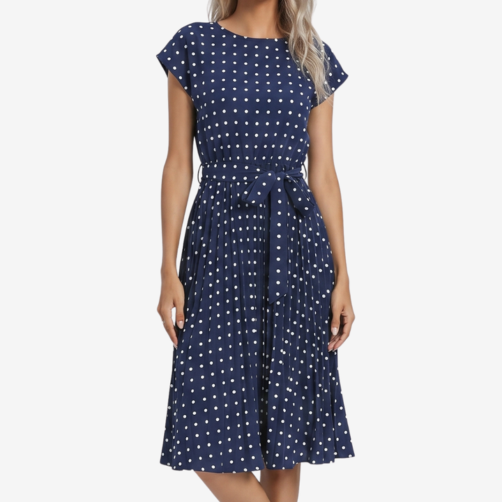 NOMU | Women's Polka Dot Midi Dress – Short Sleeve Tie Waist Pleated Design