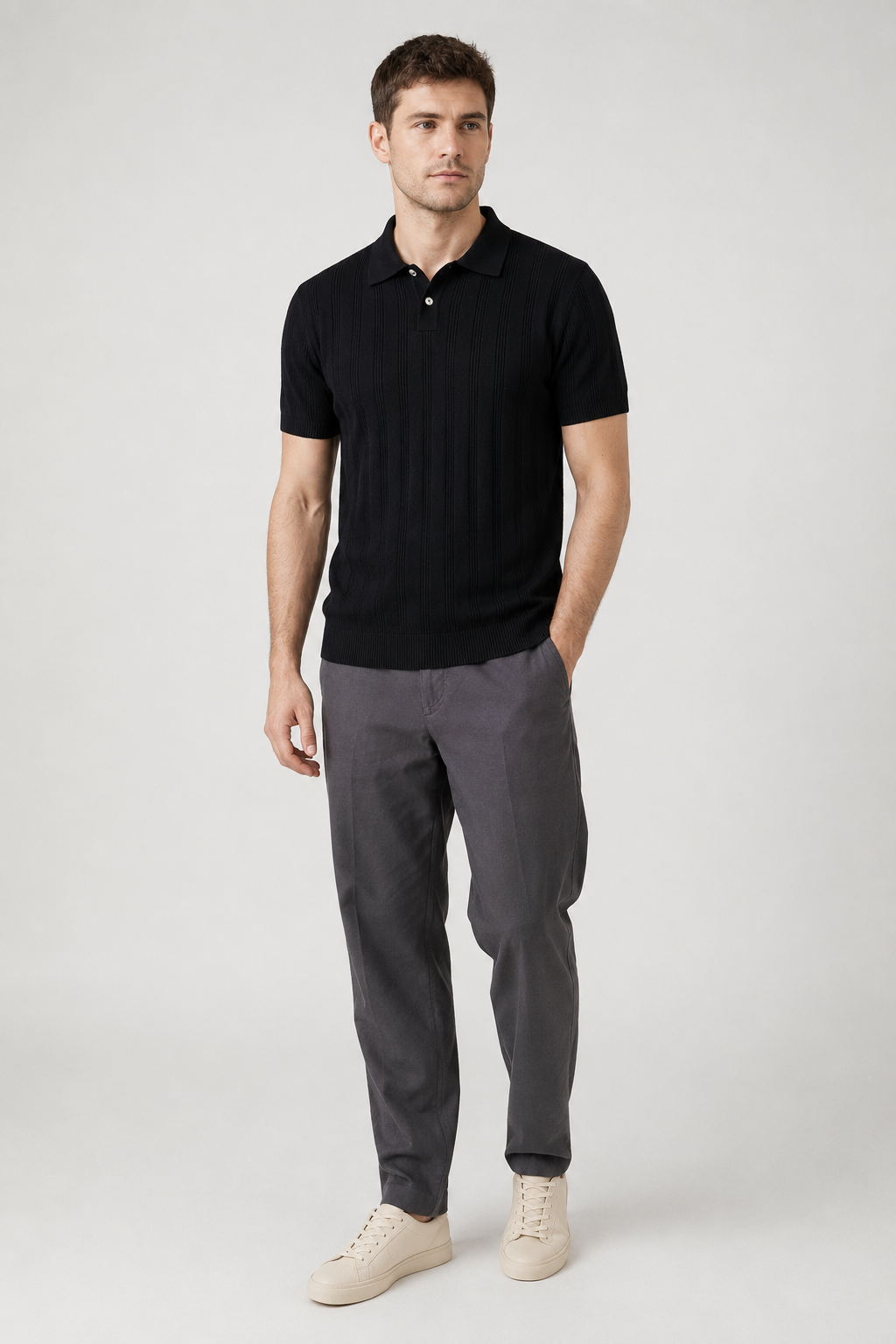 NOMU | Men's Textured Knit Polo Shirt – Slim Fit Smart Casual Short Sleeve Top
