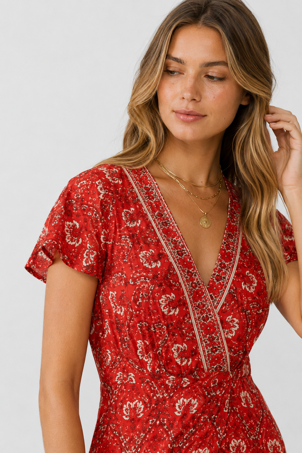 NOMU | Women's Printed Midi Dress – V Neck Short Sleeve Wrap Style Side Slit Design