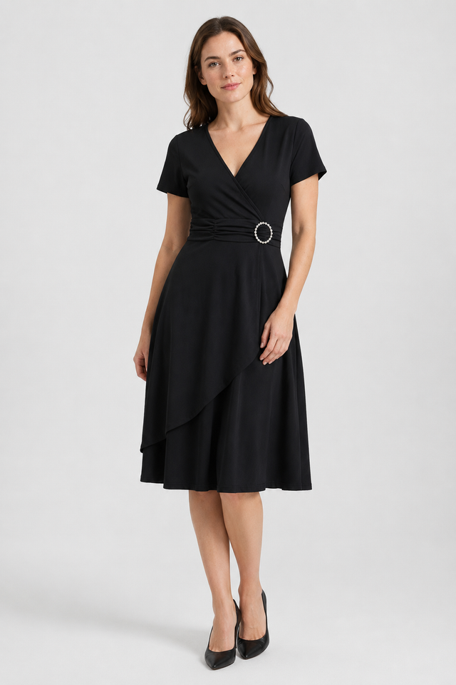 NOMU | Women's Elegant Wrap Midi Dress – Short Sleeve V-Neck Party Dress