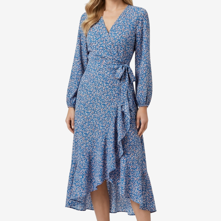 NOMU | Women's Floral Wrap Midi Dress – Long Sleeve Tie Waist Ruffle Hem Design