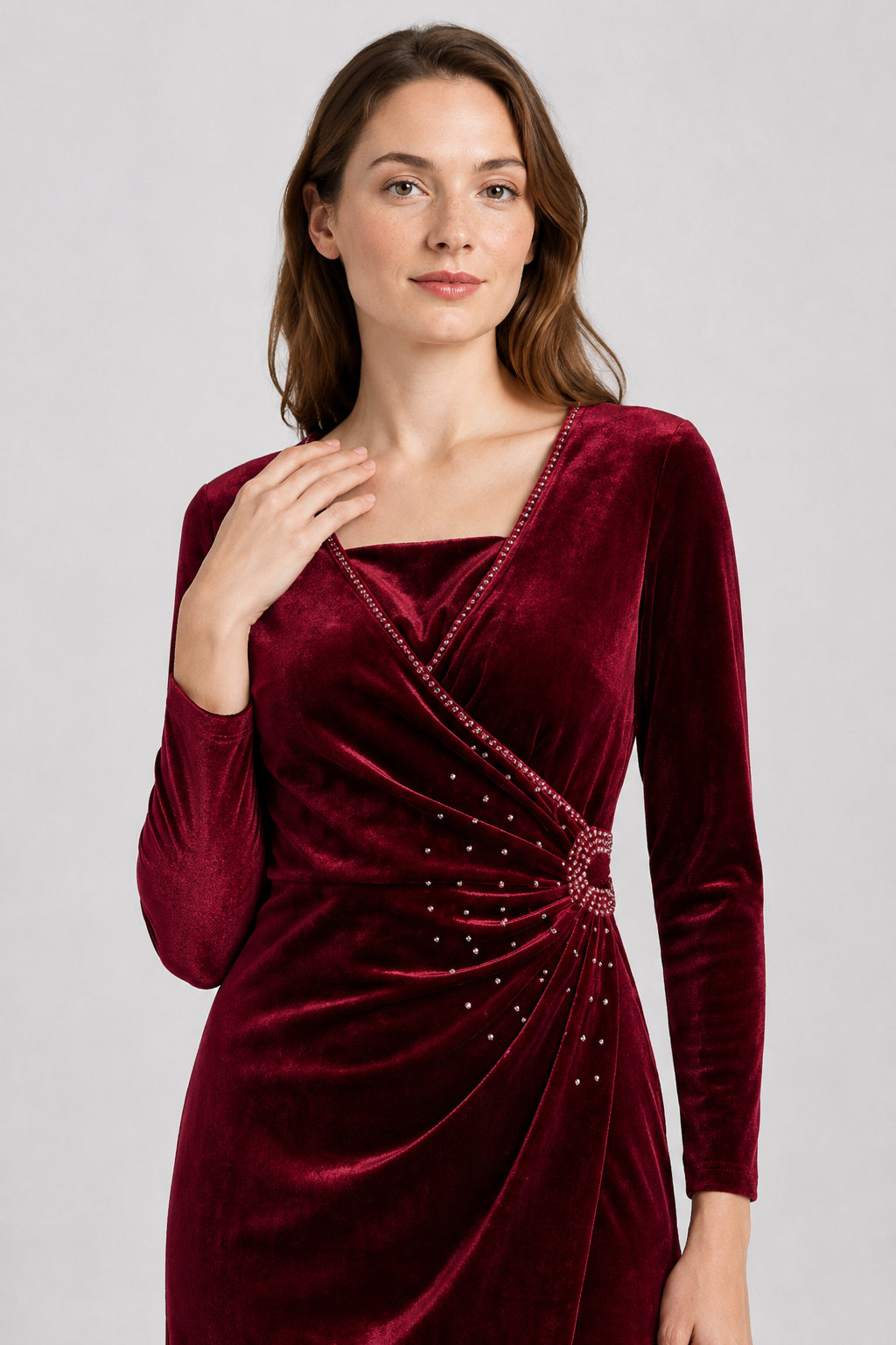 NOMU | Women's Velvet Wrap Midi Dress – Elegant Long Sleeve Rhinestone Evening Dress