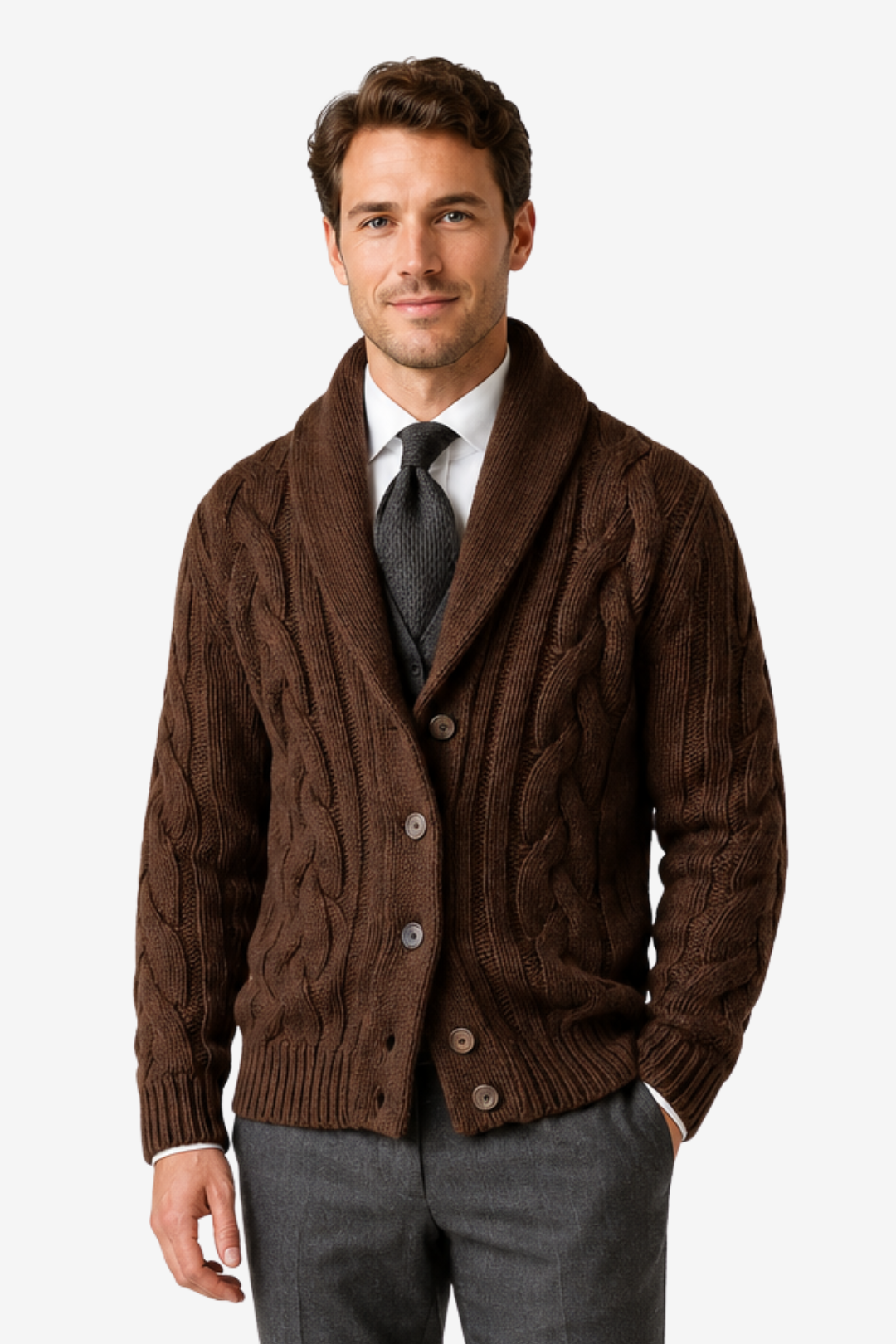 NOMU | Men's Cable Knit Cardigan – Shawl Collar Button Front Design